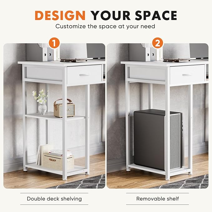 Sweetcrispy Desk with 3 Fabric Drawers, Computer Office 48 Inch Gaming Writing Study 4 Storage Shelves Table for Home Office Bedroom PC Desk, White