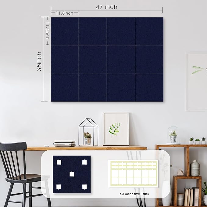 Large Cork Board for Office Wall Decor,48"x36"-12 Pack Felt Wall Tiles with Safe Removable Adhesive Tabs, Thicker 0.47in, Felt Bulletin Board Pin Board Cork Boards for Walls - Dark Blue