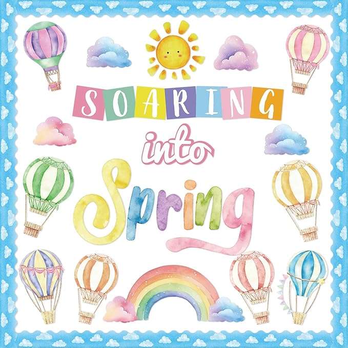 39pcs Spring Bulletin Board Decorations Soaring Into Spring Classroom Bulletin Board Set Hot Air Balloon Rainbow Paper Cutouts for Classroom School Office Home Nursery Chalkboard Door Wall Decor