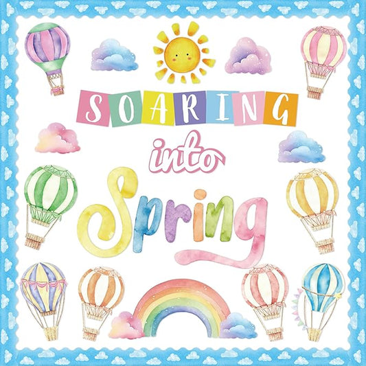 39pcs Spring Bulletin Board Decorations Soaring Into Spring Classroom Bulletin Board Set Hot Air Balloon Rainbow Paper Cutouts for Classroom School Office Home Nursery Chalkboard Door Wall Decor