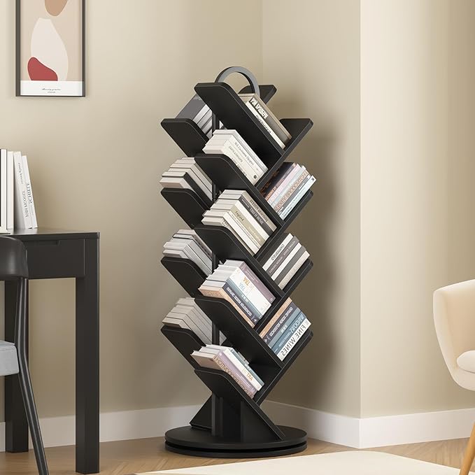 TVU 16-Tier Tree Rotating Bookshelf, 360 Degree Spinning Standing Bookcase for Magazines DVDs Books, Corner Bookcase for Living Room Bedroom Study, Black