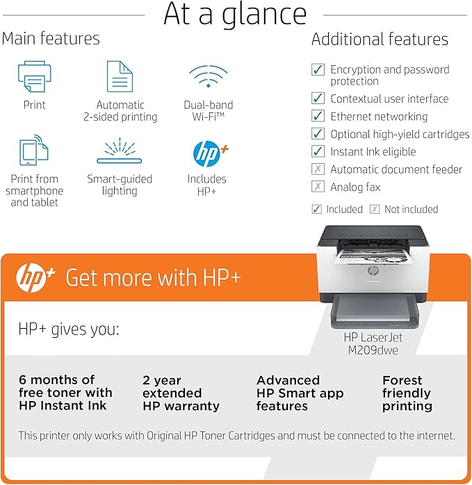 HP LaserJet M209dwe Wireless Monochrome Black & White Printer, Dual-Band WiFi, Bluetooth, Best for Small Business and Home Offices, Compatible with HP Smart App, 6 Months Free Toner with HP+ (Renewed)