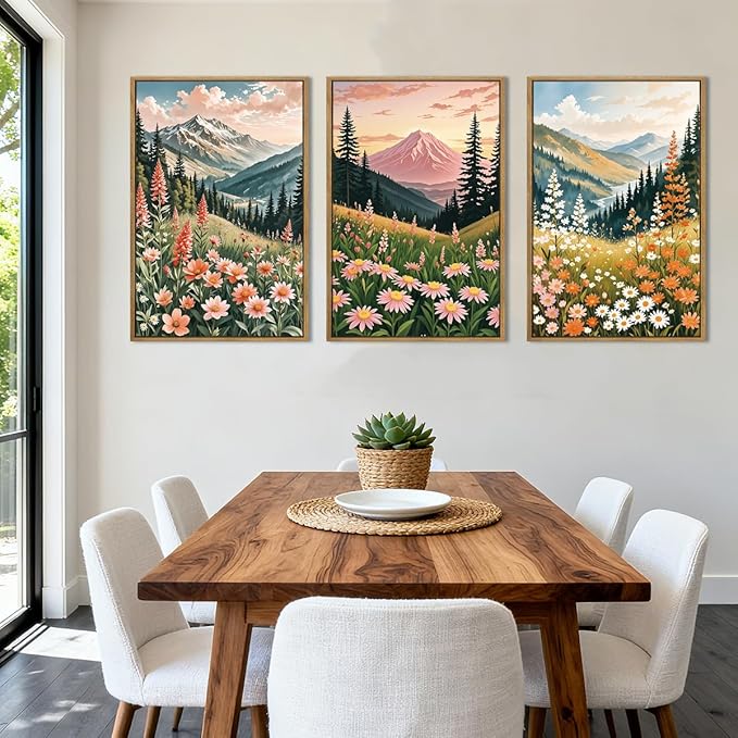 ANHUIB Extra Large Wildflower Wall Art Boho Wildflower Wall Decor 24x36 Inch Colorful Mountain Wall Art Set of 3 for Living Room Bedroom Dining Room