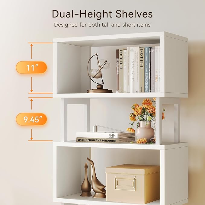 Casaottima 7 Tier Bookshelf, Tall Geometric Bookcase with Fabric Drawers, Modern Display Book Shelves Book Case for Living Room Bedroom, Wood Decorative Standing Shelving Unit for Home Office, White