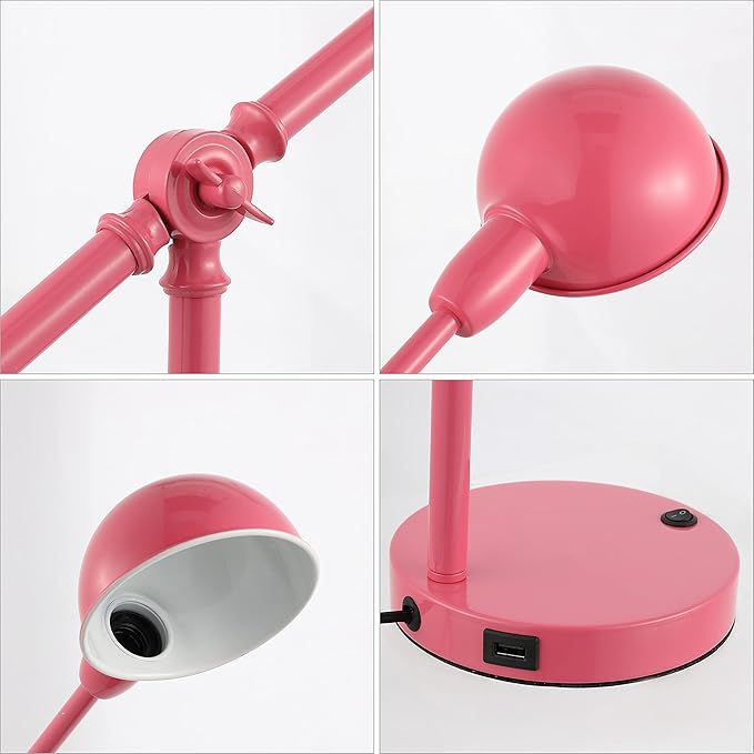 JONATHAN Y 20.25" Pink Vintage Industrial Iron Adjustable Task Lamp with USB Charging Port for Office Desk, Metal Yellow Dome Shade, LED Bulb Included (JYL7123D)