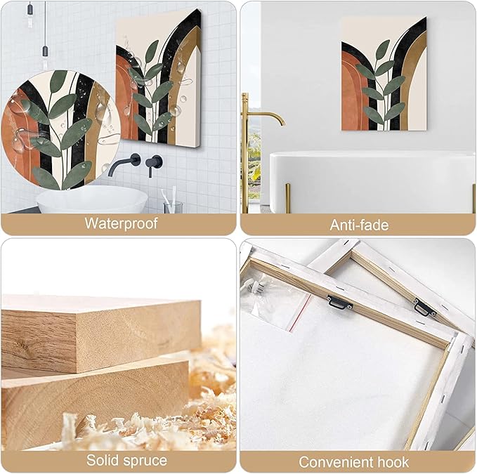 Boho Wall Art Set of 3, Mid Century Modern Canvas Wall Painting, Neutral Abstract Geometric Prints for Bedroom, Bathroom, Living Room, Office