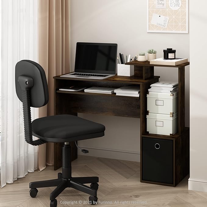 Furinno ECON Desk, Gaming Desk with Keyboard Tray, Computer Desk, Office Desk with Side Shelves and Storage Bin, 40-Inch, for Home Office, Study Room, Dorm, Amber Oak