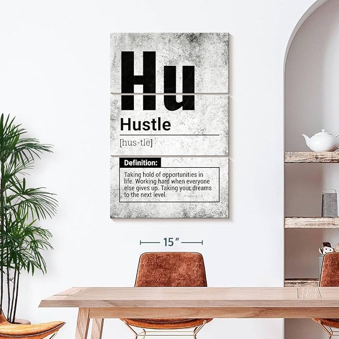 Elephant Stock - Hustle Definition Grunge Wall Art - Vertical Multi Panel Canvas - 3 Piece Living Room Wall Decor - Digital Art Inspirational And Typography Multi Piece Wall Art - Black And Gray Decor - 28" x 45"