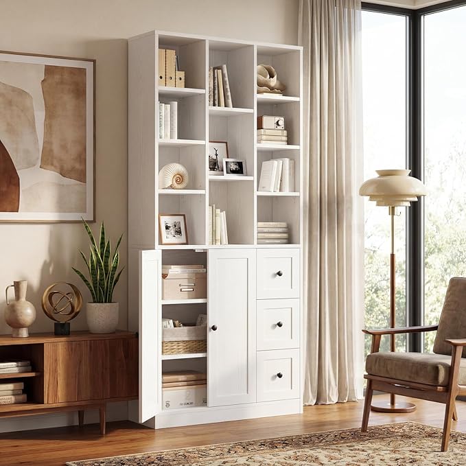 IRONCK 71" Tall Bookshelf and Bookcase with Cabinet and 3 Drawers, 7 Tier Bookshelves with Doors and Open Shelves for Living Room, Home Office, White