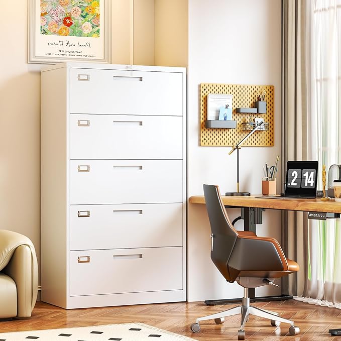 5 Drawer File Cabinet, White Metal Lateral File Cabinet with Lock, Office Filing Cabinet for Legal/Letter/A4/F4 Size with Hanging Files, Lockable File Cabinets for Home Office