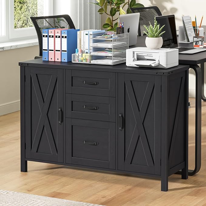 Farmhouse File Cabinet with Doors, Lateral Filing Cabinet with 3 Drawers for Letter/A4 Size Hanging Files, Large Wooden Printer Stand with Adjustable Shelves for Home Office, Rustic Black