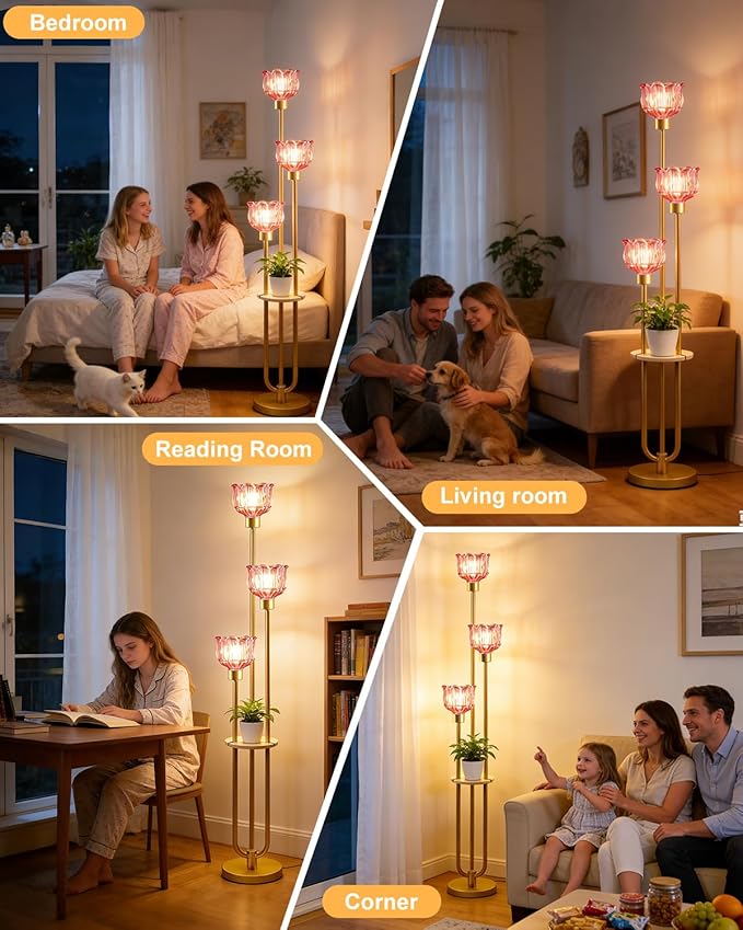 Lightdot Glass Floor Lamp for Living Room 3-Lights Modern Dimmable Gold Floor Lamp with Rose Red Glass Shade & 3000K Bulbs Included Unique Tall Standing Lamp for Bedroom/Sofa Beside/Corner Decor