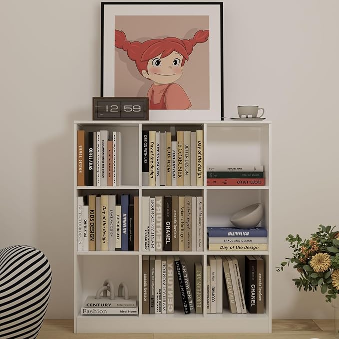 9-Cube Wooden Bookshelf with Base,3-Tier Freestanding Open Storage Organizer,Multi-Functional Bookcase for Living Room,Bedroom,Study and Office (White, 9-Cube)