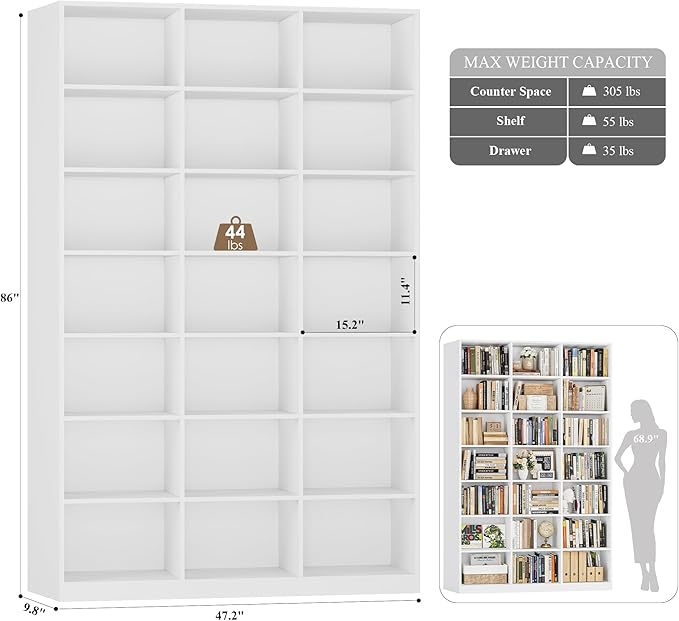HOSTACK 86" H Triple Wide Bookshelf and Bookcase, 7 Tier Tall Bookshelf with Storage, Large Bookcase with 21 Open Display Storage Shelves, Wood Book Shelf Media CD DVD Storage for Living Room, White