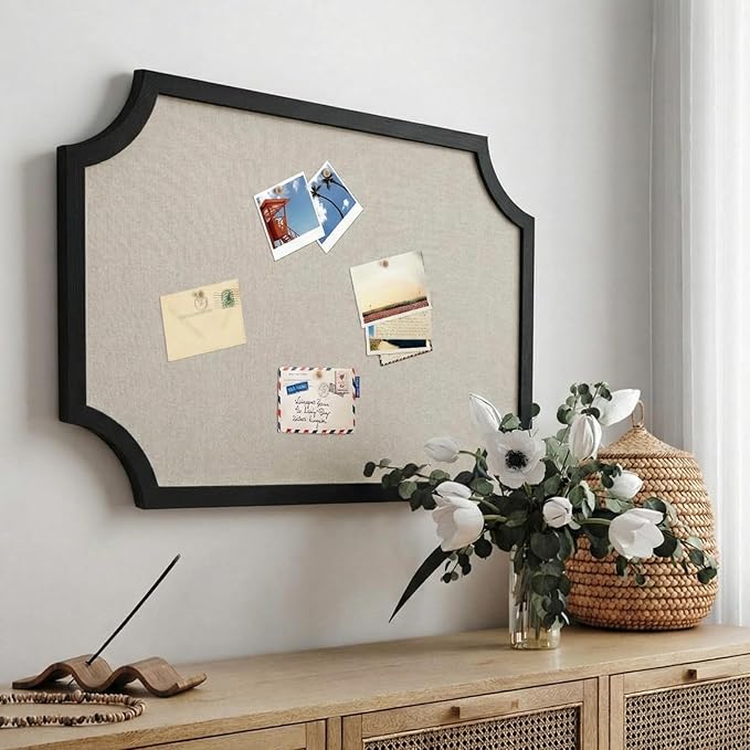 Vintage Framed Pin Board Linen Display Bulletin Board Large Cork Fabric Picture Photo Pinboard Memo Ornate Decorative Pinboard Ornate for Wall Gift(Scalloped,24" X 36",Black)