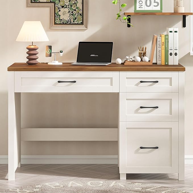 Vabches Farmhouse 47" Executive Desk, Computer Desk with File Drawer and Charging Station, Workstation for Home Office, Study,(Unique White).