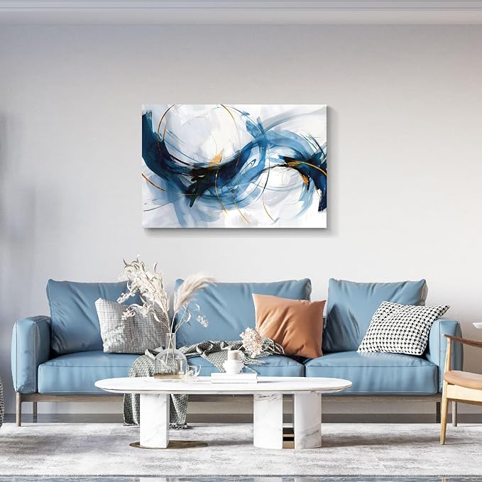 gaosoul Modern Abstract Canvas Wall Art Vibrant Blue Gold Lines Doodled on White Background Paintings Stylish Framed Minimalism Artwork Prints for Living Room Bedroom Office Decor 48x32in