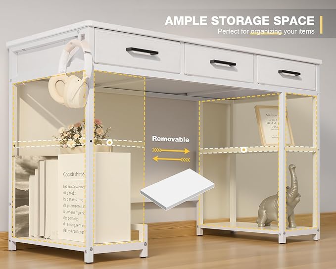 Shahoo Computer Desk with Drawers & Storage Shelves, 48" Modern Writing Table for Home Office, All White