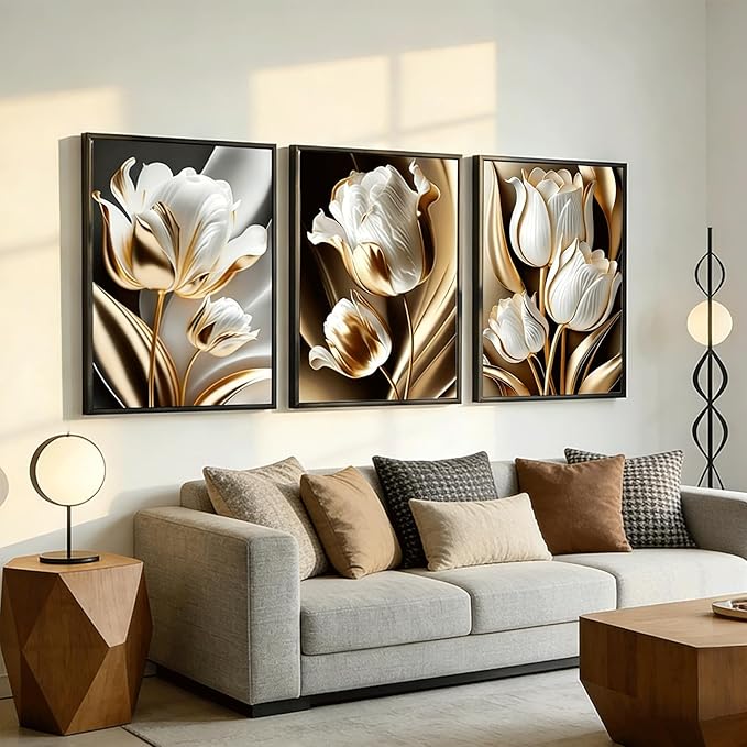 3Pcs Abstract White Gold Floral Wall Art Modern Luxury Minimalism Painting Pictures Wall Decor tulip Plants Posters Prints Artwork for Living Room Bedroom Office Home Decoration 16 x 24in unframed