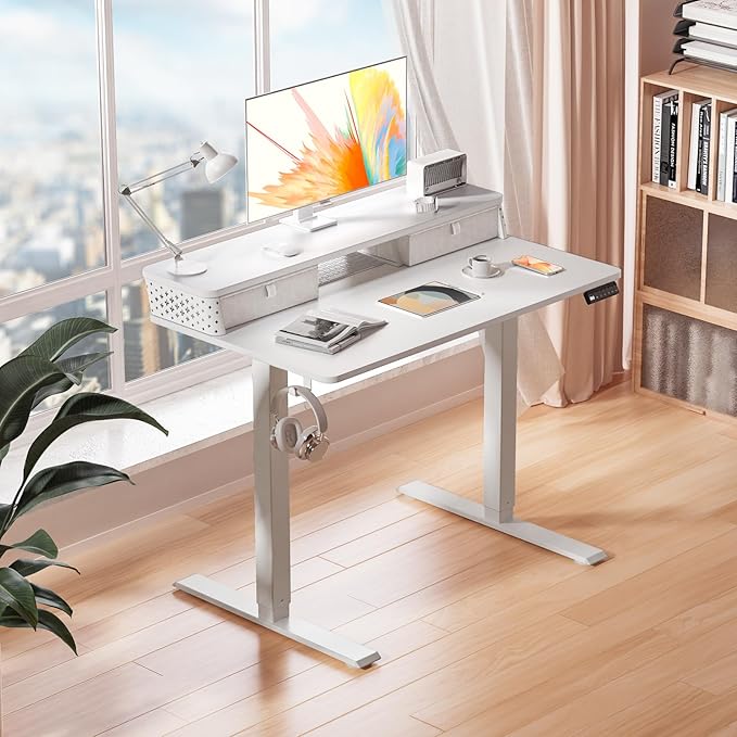 Kingant 40 x 24 Inch Small Electric Standing Desk with Dual Drawers, Height Adjustable Sit to Stand Computer Desk with Storage Shelf and C-Clamp Mount Compatibility for Home Office, White