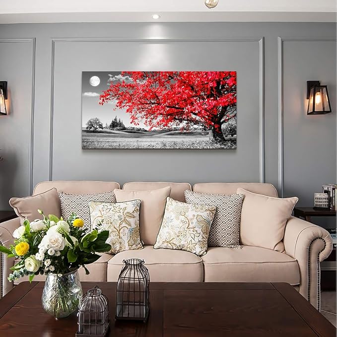 MHARTK66 wall art for living room Simple Life red moon tree scenery Abstract painting office Wall Art Decor 20" x 40" single Pieces Canvas Prints Ready to Hang for Home Decoration
