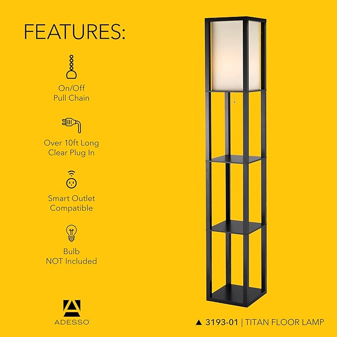 Adesso Square Floor Lamp with 3-Tier Open Shelves, Black Base, Fabric Shade, 72” T x 10.5” W, Extended Length Cord, Enhances Room Decor and Home Lighting