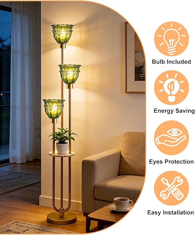 Lightdot 3-Lights Glass Floor Lamp for Living Room Mid Century Modern Gold Floor Lamp with Green Glass Shade & 3000K Bulbs Included Tall Standing Lamp for Bedroom/Sofa Beside/Corner Decor