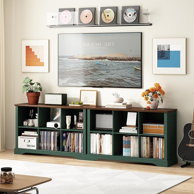6 Cube Storage Organizer - 47.4" Farmhouse Wood Low Bookshelf, 3 Tier Horizontal Open Shelf Bookcase Cubby Storage Console Cabinet for Living Room, Entryway, Office, Green