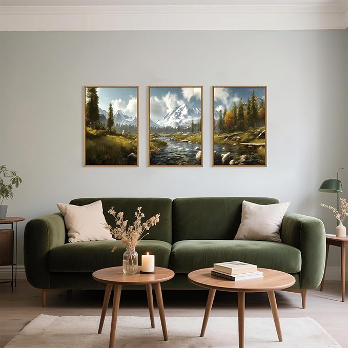 Watercolor Sage Green Mountain Woodland Framed Canvas Wall Art Set,Modern Wilderness River Grassland Wall Decor,Natural Rustic Forest Landscape Artwork for Living Room,Farmhouse- 24"x36"x3