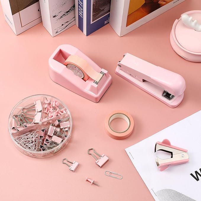 Sabary Office Supplies Set Desk Accessory Kit Include Stapler, Staples, Staple Remover, Tape Dispenser, 22 Binder Clips, 30 Paper Clips, 20 Push Pins, 2 Rolls Tape, for Women (Pink)