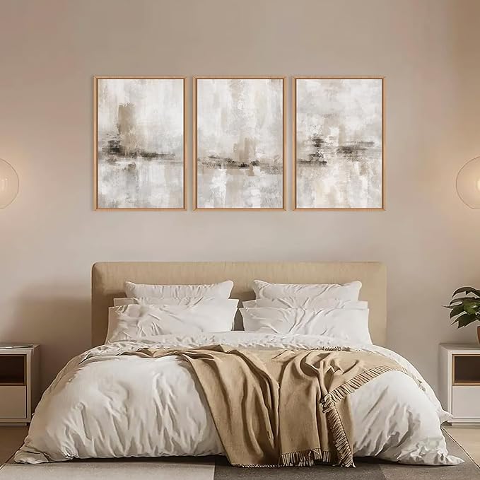 Ausril Large Minimalist Textured Framed Canvas Wall Art Set, Neutral Abstract Wall Decor, Modern Beige Gray Wall Painting, Brown and White Art Print for Living Room, Bedroom, Office 16" × 24" × 3
