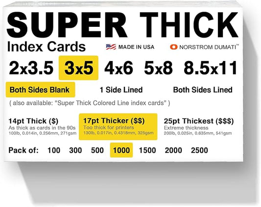 1,000 SUPER THICK index cards / 3"x5" / 17pt (0.017") 130lb / blank un-ruled/archival acid-free in bulk