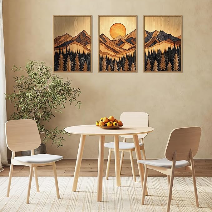 Ausril Woodcut Mountain Pine Tree Framed Canvas Wall Art Set of 3-24x36 Inch, Vintage Nature Forest Wilderness Landscape Print, Brown Boho Style Painting for Living Room, Bedroom, Office Decor