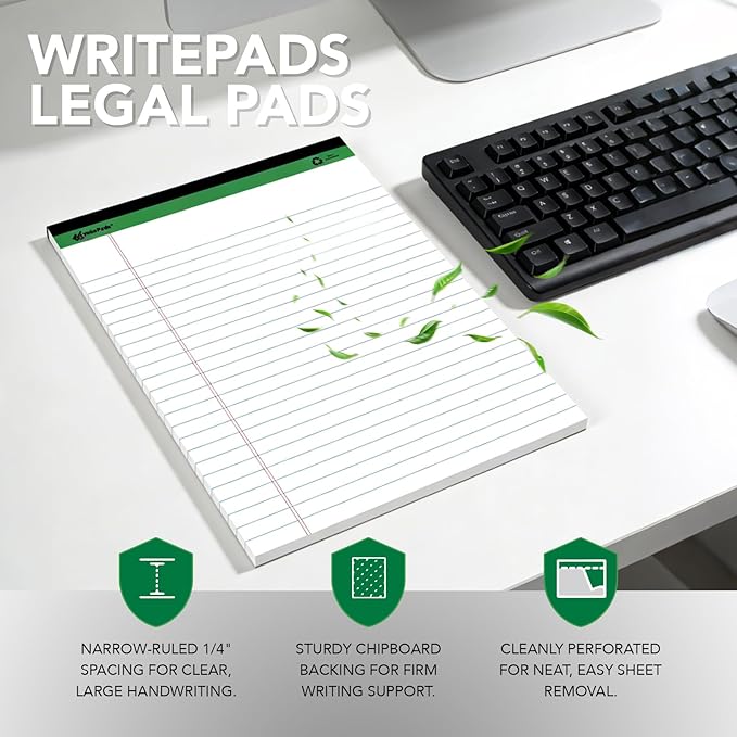KAISA White Legal Pads Writing Pads 600 Sheets Recycled Paper 5"x8" Narrow Ruled Lined Paper Small Legal pad Perforated 50 sheets Hard Back Notepads Writing Tablet For Office Supplies Study (White 12pads)