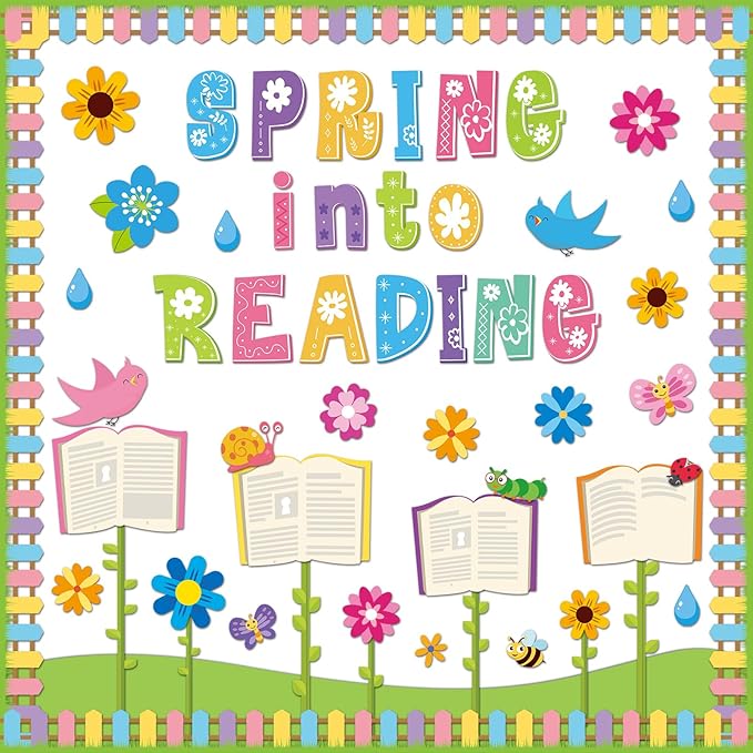 gisgfim Spring Reading Bulletin Board Decorations Set Classroom Spring Into Reading Bulletin Board Butterflies Flowers Cutouts Bulletin Board Borders Decor for School Library Chalkboard Wall(Spring)