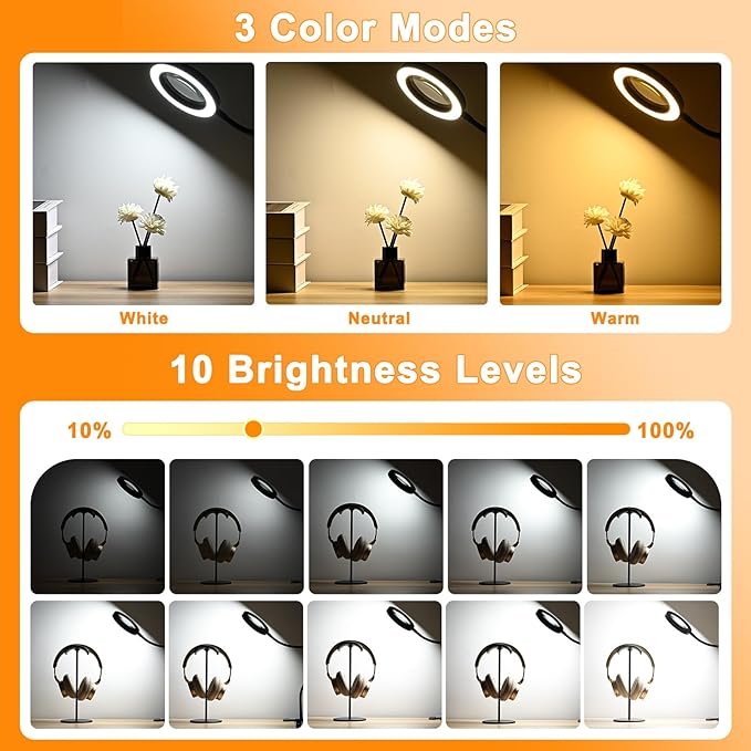 10X Magnifying Glass with Light and Timer, 2 in 1 Magnifying Desk Lamp, 3 Color Modes 10 Dimmable Brightness, Flexible Gooseneck Magnifier with Light for Craft Hobby Sewing Close Work(No Adapter)