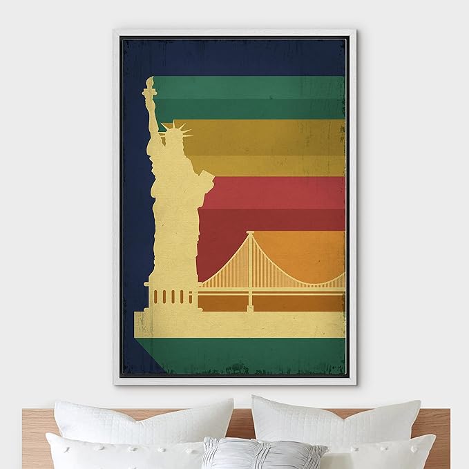 IDEA4WALL Framed Canvas Print Wall Art Retro Vintage Rainbow Statue of Liberty Poster Cultural Building Illustrations Modern Art Contemporary Scenic for Living Room, Bedroom, Office - 16"x24" WHITE