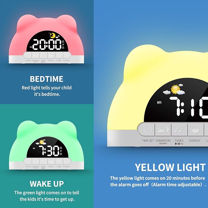Alarm Clock for Kids, Wake Up Clock with Night Light, Sleep Training Clock for Toddlers,3 Brightness Levels, Dual Alarms, Sound Machine, Digital Clock for Bedroom, Birthday Gifts