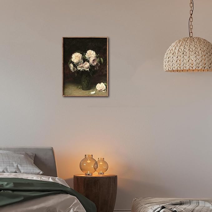Kizbook Vintage Floral Wall Art Prints, Moody Dark Roses Canvas Oil Painting, Vintage Flower Picture Prints for Wall Decor, French Country Decor for Gallery Kitchen Bathroom Wall Decor( 8" x 10"-UNFRAMED)