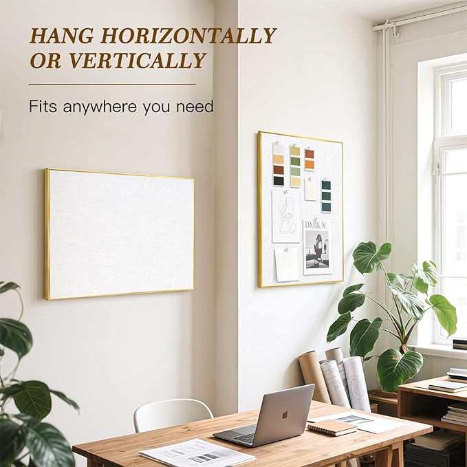 Linen Bulletin Board 24 x18 Inches, White Cork Board for Wall, Gold Aluminum Framed Fabric Pin Board Tack Board, 10 Push Pins, White Linen