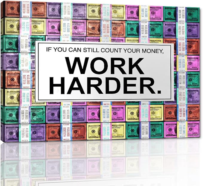 Work Harder Motivational Office Art Abstract Creative Money Background Wall Pictures Modern Home Office Decor HD Print for Guest Room Rest Room Decor, Framed 16" Wx12 H