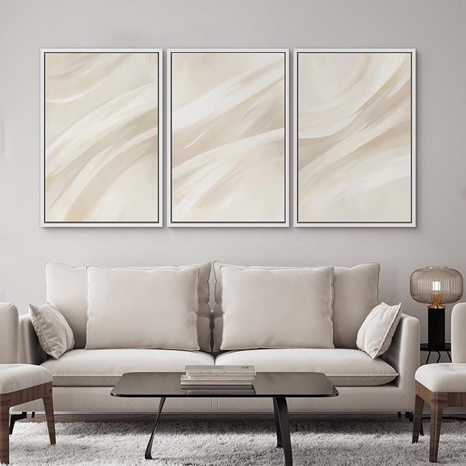 SIGNWIN Framed Canvas Print Wall Art Set Abstract Beige Flow Neutral Brushstroke Illustrations Modern Art Decorative Boho Relax/Zen Nordic for Living Room, Bedroom, Office - 16"x24"x3 White