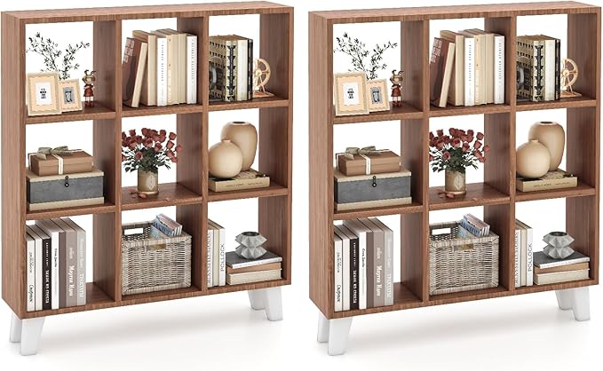 Tangkula 9-Cube Bookcase, Freestanding 3-Tier Bookshelf with 6 Removable Shelves, Open Back DIY Storage Organizer with Raised Support Feet for Living Room Study Office (2, Brown)
