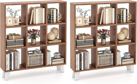 Tangkula 9-Cube Bookcase, Freestanding 3-Tier Bookshelf with 6 Removable Shelves, Open Back DIY Storage Organizer with Raised Support Feet for Living Room Study Office (2, Brown)