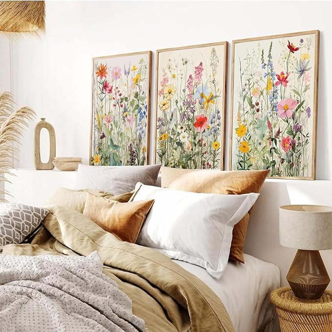 KISSFOX 3 Piece Watercolor Wildflower Botanical Framed Wall Art Colorful Floral Canvas Art Prints Boho Flower Pictures Wall Decor Modern Minimalism Paintings Artwork Girls Bedroom Living Room Bathroom