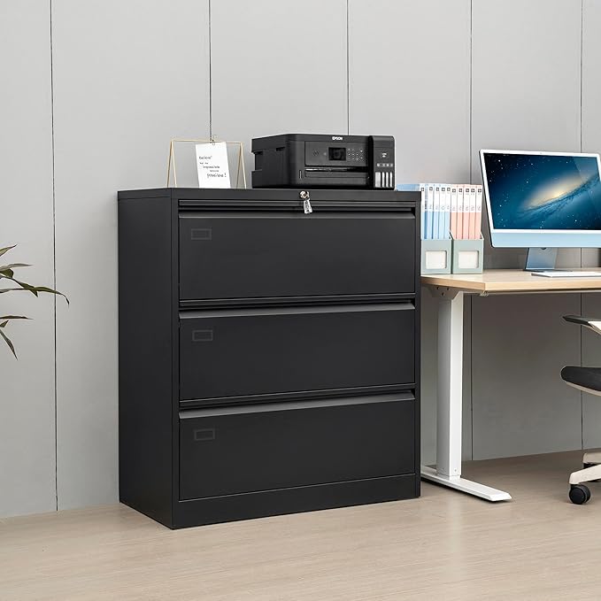 3 Drawer Black Lateral File Cabinet, Lockable Metal File Cabinet for Home Office, Office File Cabinets for Legal/Letter/A4/F4 Size with Hanging Files&Key