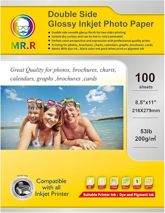 MR.R Double Side Glossy Inkjet Photo Paper Letter Size 8.5"x11" 100 Sheets Per Pack 53lb 200gsm