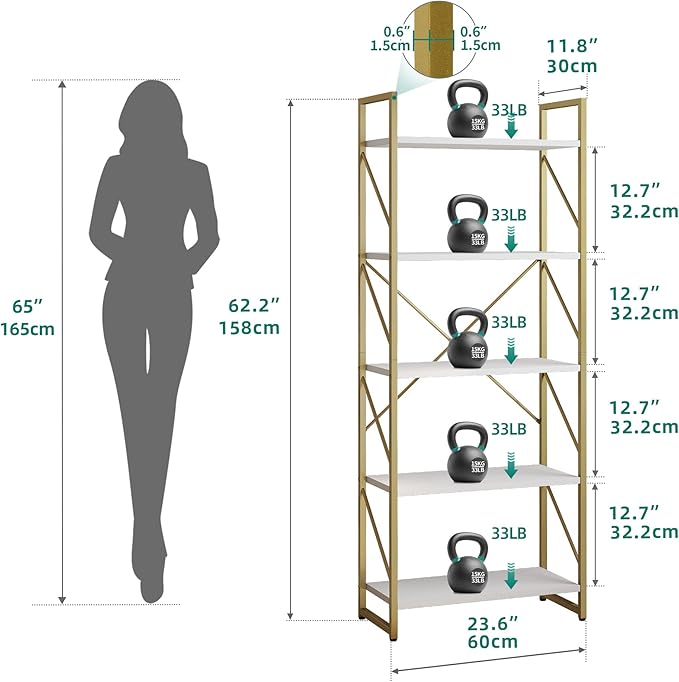 YITAHOME 5 Tiers Gold Bookshelf, Modern Bookshelf, Book Rack, Storage Rack Shelves in Living Room/Home/Office, Books Holder Organizer for Books/Movies, Gold MAYIH0000357MA