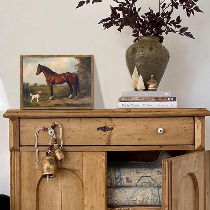 Framed Vintage Wall Art, Rustic Horse and Dog Pictures Wall Decor, Farmhouse Animal landscape Paintings Canvas Prints Neutral Aesthetic Home Decor for Living Room Bedroom Bathroom Office 16x24 inch