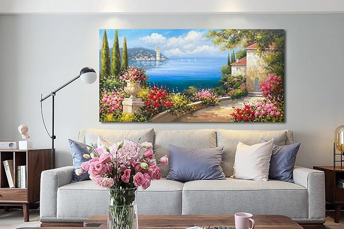 Arjun Landscape Wall Art Mediterranean Seascape Painting Tree Pink Flower Blue Ocean Picture Modern Scenery Green Artwork Large Framed for Living Room Bedroom Bathroom Home Office Wall Decor, 48"x24"